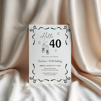Convites Olá 40 Aniversário 40º Elegante Preto Branco Laço
