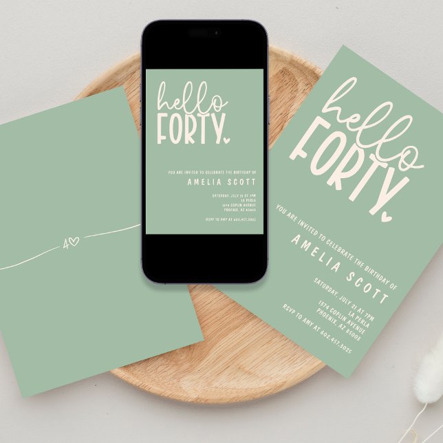 Convites Olá, 40 aniversário de 40 anos Modern Sage, mínimo (Criador carregado)