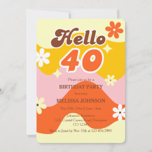 Convites Olá 40 Aniversário Onda Retro Floral Groovy