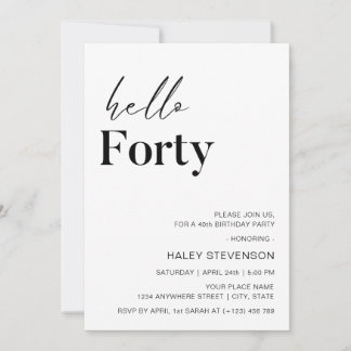 Convites Olá, 40 modernos aniversário de 40 anos minimalist