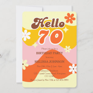 Convites Olá 70 Aniversário Flor Groovy Retro Wave 
