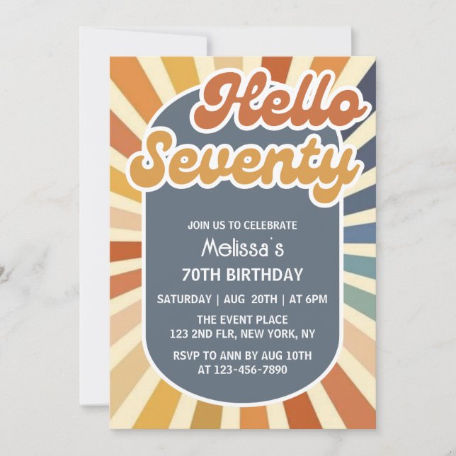 Convites Olá, 70 Retro Sun Groovy Wave 70, Aniversário (Frente)