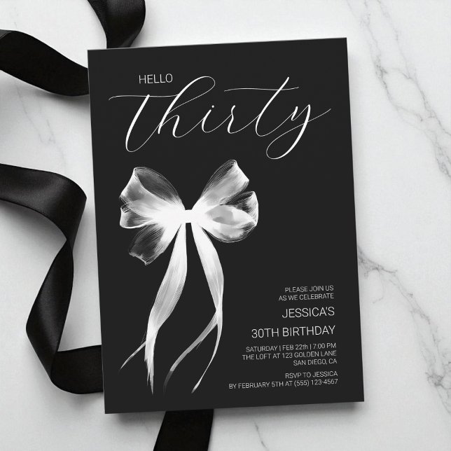 Convites Olá, Arco 30 preto e brancoaniversário de 30 anos (Hello Thirty Bow Black and White30th Birthday Invitation)