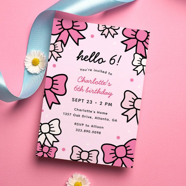 Convites Olá, Arcos de Cartoons Rosa e Cutie (cute kawaii bows pink birthday party invitation for girls)