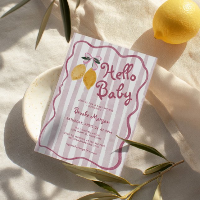 Convites Olá, Arcos de Lemon, Chá de fraldas das raparigas (Hello Baby Lemon Baby Shower Invite)