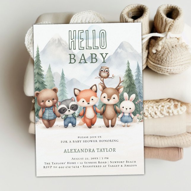 Convites Olá Baby Adventure Woodland Chá de fraldas (woodland adventure gender neutral baby shower invitation mountain forest cute animals hiking treck)