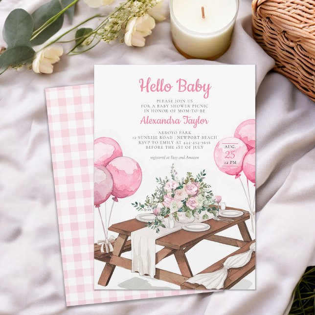 Convites Olá, Baby Balloons, Picnic Park Chá de fraldas (picnic girl baby shower invitation park summer watercolor balloons cute fun casual classy)