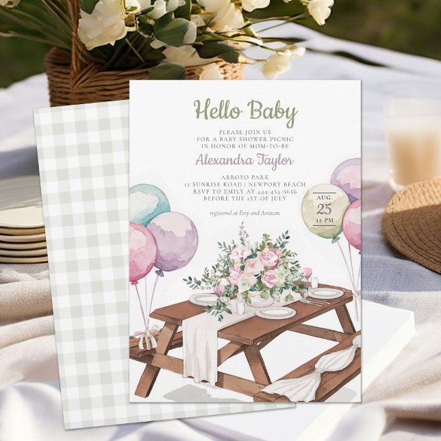 Convites Olá Baby Balloons Picnic Park Neutral Chá (picnic baby shower invitation park summer watercolor balloons cute fun casual classy gender neutral)