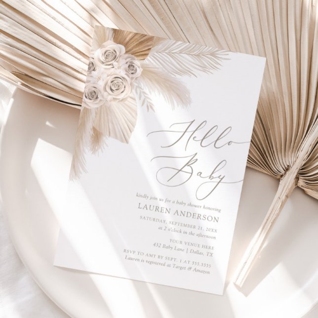 Convites Olá, Baby Boho Pampas Chá de fraldas Grass (Criador carregado)