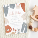 Convites Olá, Baby | Chá de fraldas de roupa azul<br><div class="desc">Um belo e moderno convite ao chá de fraldas com "Hello Baby" na escrita de terracotta e os detalhes do seu chá em simples tipografia. Decorando a borda desta design, há roupas de bebê boho em um esquema neutro de cor azul pastel, creme e laranja ferrugem. As roupas incluem macacões,...</div>