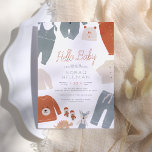 Convites Olá, Baby | Chá de fraldas de roupa azul<br><div class="desc">Um belo e moderno convite ao chá de fraldas com "Hello Baby" na escrita de terracotta e os detalhes do seu chá em simples tipografia. Decorando a borda desta design, há roupas de bebê boho em um esquema neutro de cor azul pastel, creme e laranja ferrugem. As roupas incluem macacões,...</div>