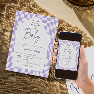 Convites Olá Baby Purple Checkered Gingham   CHÁ DE FRALDAS