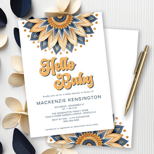 Convites Olá Bebê Azul Dourado Chá de fraldas Hippie (Hello Baby! Navy Blue and Gold Boho Sunflower Baby Shower Invitation)