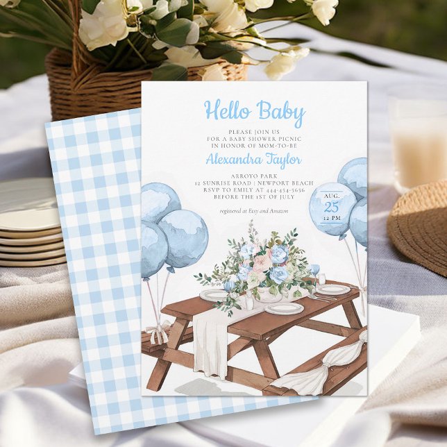 Convites Olá Bebê Balões Churrasco Parque Menino Chã de Beb (picnic boy baby shower invitation park summer watercolor balloons cute fun casual classy)
