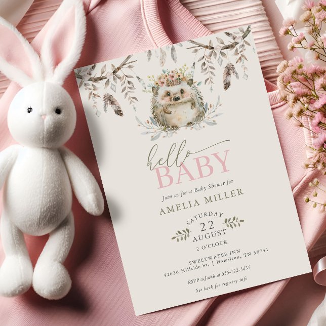 Convites Olá Bebê Boho Menina Ourinho Chamada de Bebê (Hello Baby Boho Hedgehog Girl Baby Shower Invitation)