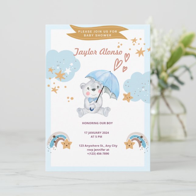 Convites Olá Bebê | Chuveiro de Bebê Urso de Pelúcia Azul (Em pé/Frente)