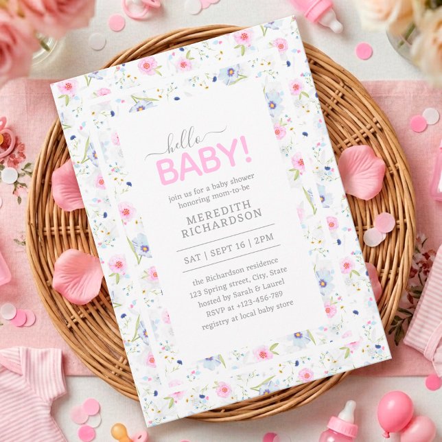 Convites Olá Bebê Fofo Floral Rosa Azul Churrasco de Bebê M (Hello Baby Cute Floral Pink Blue Girl Baby Shower  Invitation )