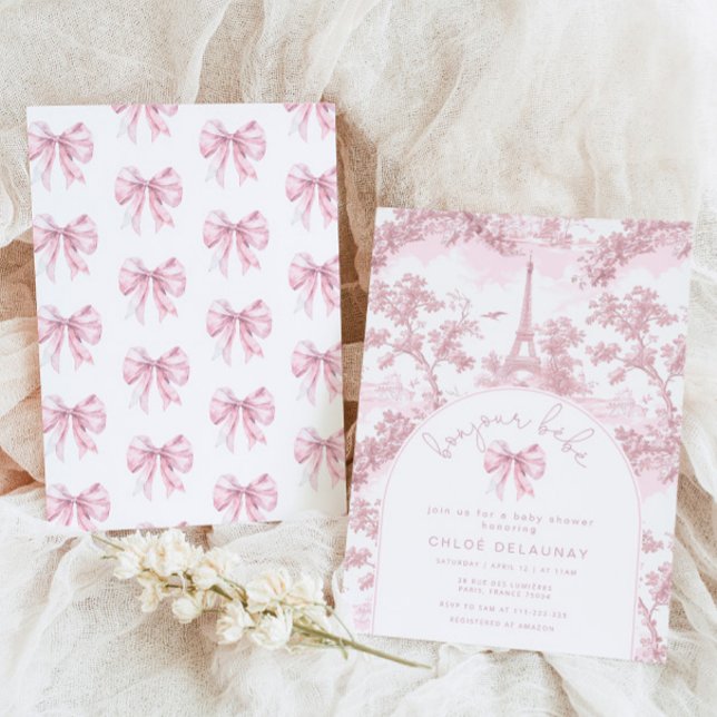 Convites Olá bebê Laço Rosa Toile de Jouy chá de bebê (Criador carregado)