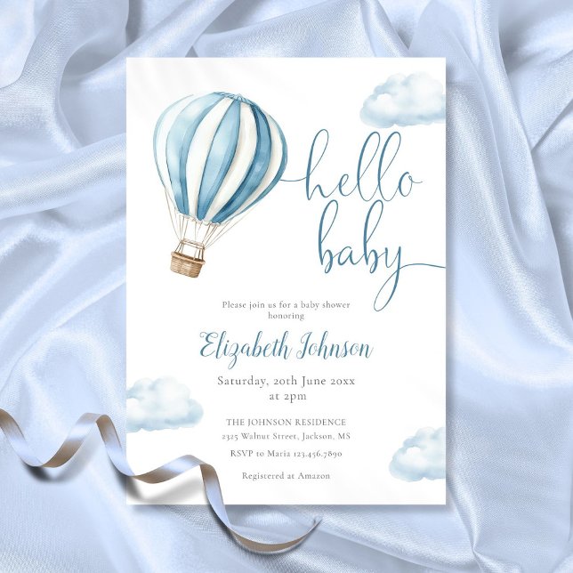 Convites Olá Bebê Menino Azul Chã de Bebê Balão de Ar Quent (Hello Baby Boy Blue Hot Air Balloon Baby Shower Invitation)