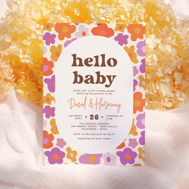 Convites Olá Bebê Retro Margarida Laranja e Roxo Chá de Beb (Criador carregado)