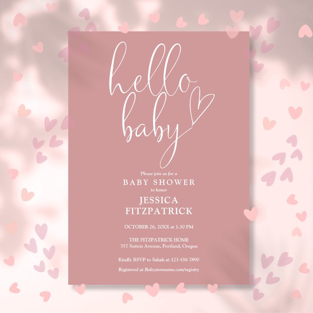 Convites Olá Bebê Script Rosa Poeira Rosa Menina Chá de Beb (Hello Baby Script Dusty Rose Pink Girl Baby Shower Invitation)