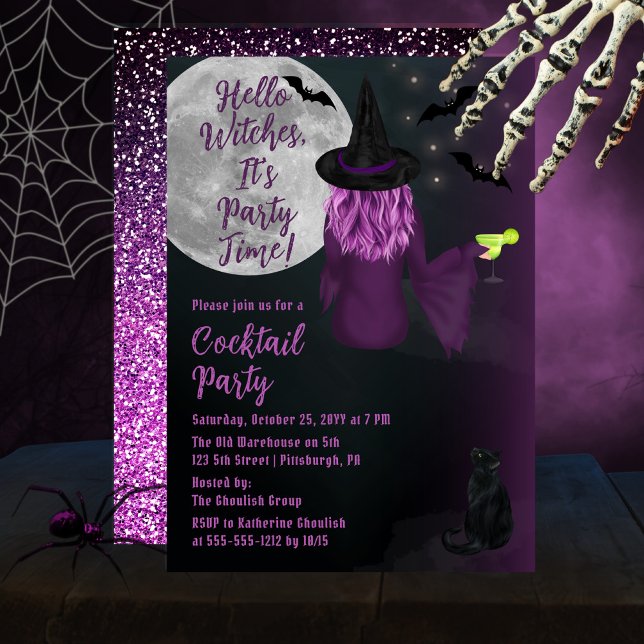 Convites Olá Bruxas Festa de Cocktail no Halloween ("Hello Witches, It's Party Time!" Halloween Cocktail Party Invitation - Purple Witch | Faux Glitter)