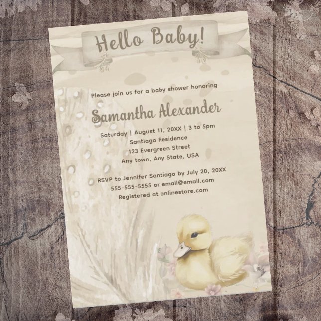 Convites Olá, chá de fraldas (Hello Baby boho baby duck baby shower invitation. Baby duck on wildflowers. Watercolor boho feather.)