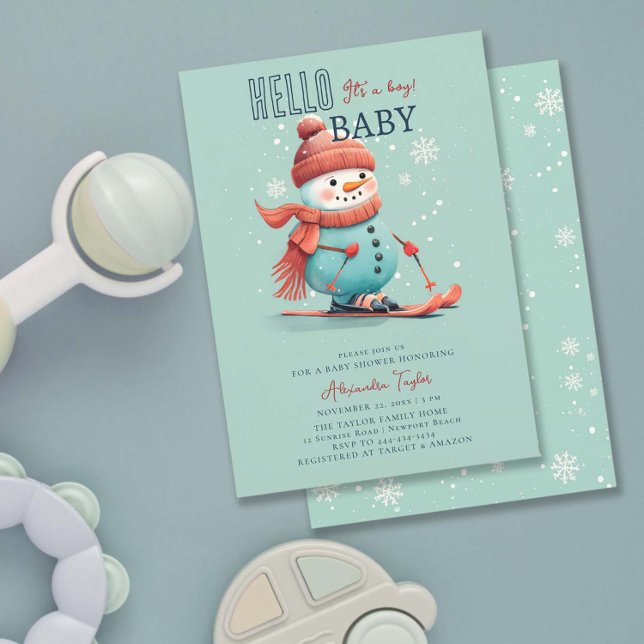 Convites Olá, Chá de fraldas de Bebê Snowman a esquiar Wint (winter baby boy shower invitation snowman sports skiing watercolor snowflake snow wonderland)