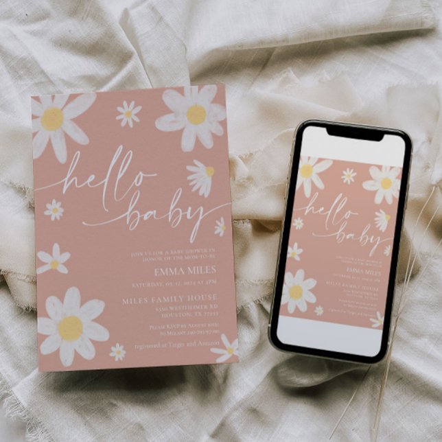 Convites Olá, Chá de fraldas de margarida rosa-bebê (Criador carregado)