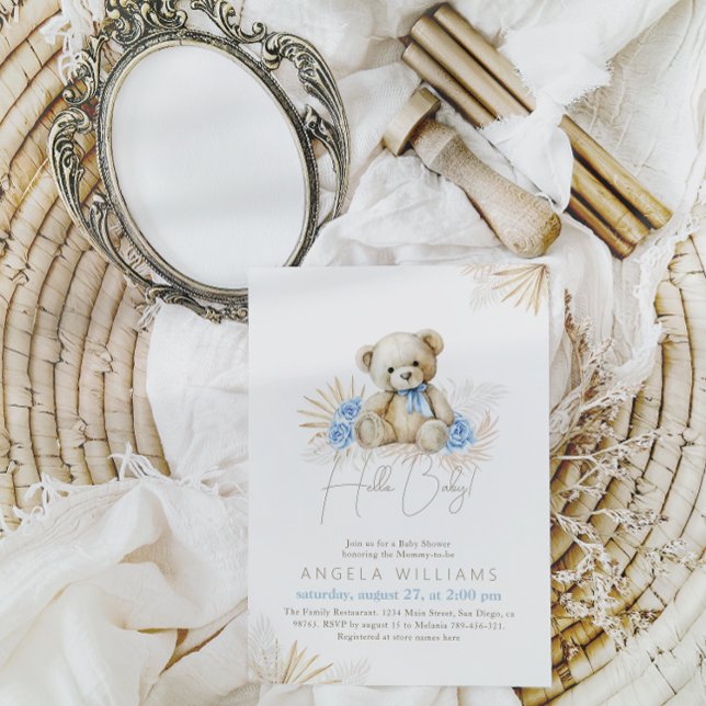 Convites Olá, Chá de fraldas do Bear Bear Boho Blue Boy (Criador carregado)