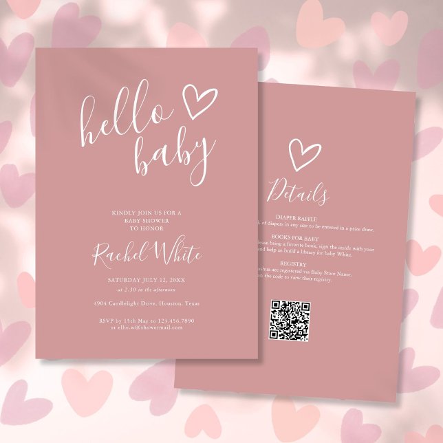 Convites Olá Chá de fraldas Tudo Em Um Rosa Rosa (Hello Baby Shower All In One Dusty Rose Pink Invitation)