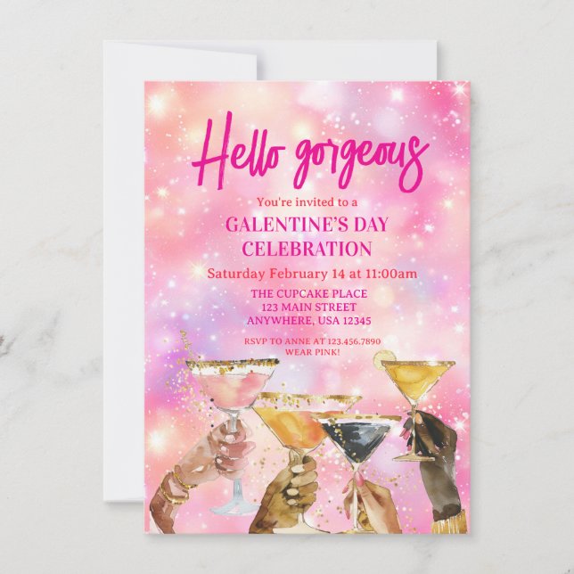Convites Olá Dia de Galentine Glitter Rosa Lindo (Frente)
