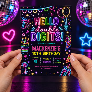 Convites Olá Dígitos Duplos: Neon Glow 10º Aniversário