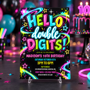 Convites Olá Dígitos Duplos Neon Glow Aniversário de 10 ano