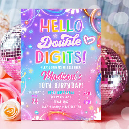 Convites Olá Dígitos Duplos Neon Glow Menina 10º Aniversári