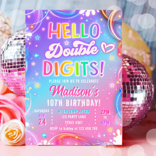 Convites Olá Dígitos Duplos Neon Glow Menina 10º Aniversári