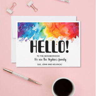 Convites Olá, editável Somos novos no bairro