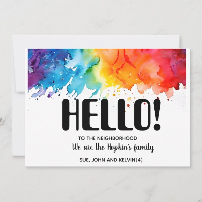 Convites Olá, editável Somos novos no bairro (Frente)