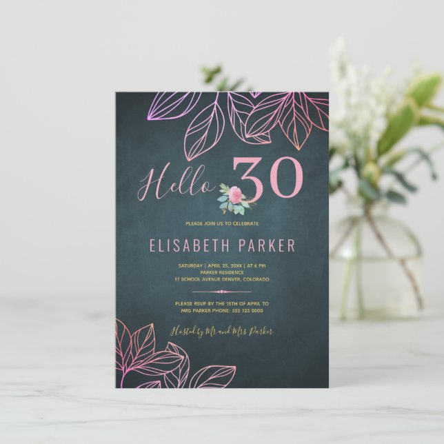 Convites Olá festa de 30 anos chic dourado marinho rosa 30º (Em pé/Frente)