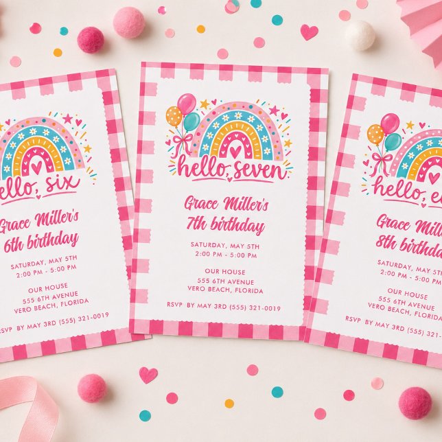 Convites Olá Festa de Aniversário do Arco-Íris Rosa da Meni (Hello Seven Girl's Pink Rainbow Birthday Party Invitation)