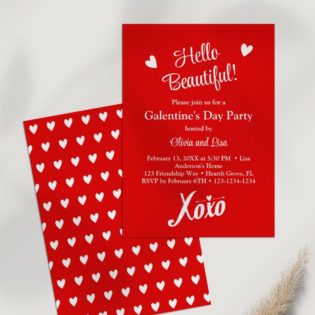 Convites Olá, Linda! Red XOXO Galentine's Day Party (Hello Beautiful! Red XOXO Galentine's Day Party Invitation on a white table.)