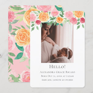 Convites Olá Nova Foto para Bebê Flores Rosa Personalizad