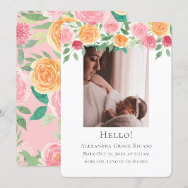 Convites Olá Nova Foto para Bebês Flores Rosa Personalizada