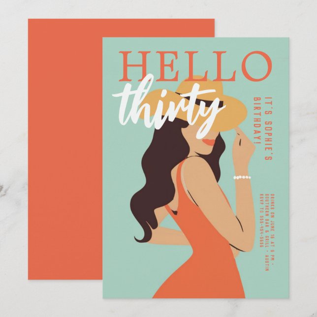 Convites Olá, Poster Retro, aniversário de 30 anos cor-de-r (Frente/Verso)