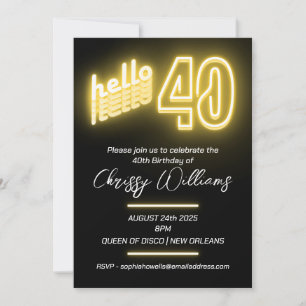 Convites Olá, retro neon aniversário de 40 anos