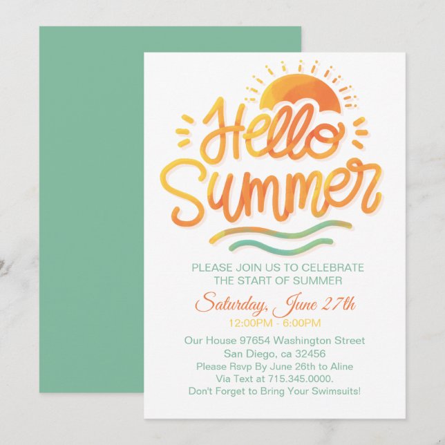 Convites Olá, Summer Sun Orange Piscina Party (Frente/Verso)