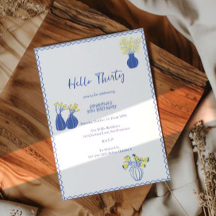 Convites Olá, Trinta Floral Azul Elegante Aniversário de 30