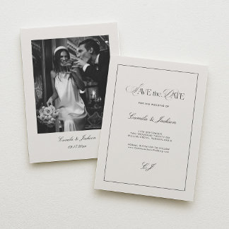Convites Old Money Black and Ivory Wedding Save the Date