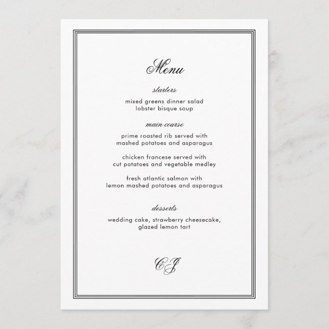 Convites Old Money Black and White Wedding Menu Card (Frente)