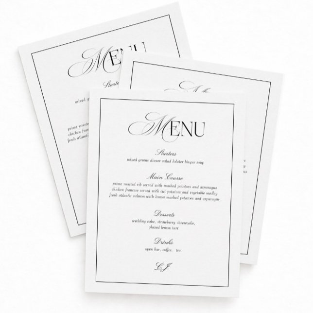 Convites Old Money Black and White Wedding Menu Card (Criador carregado)